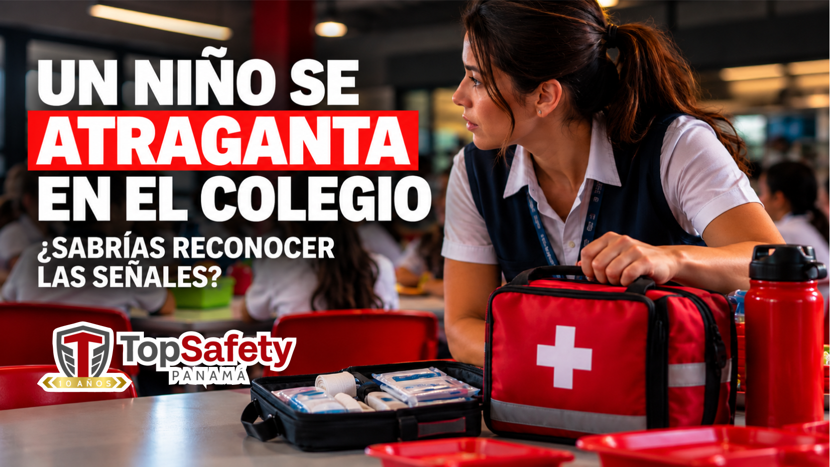 Portada sobre atragantamiento infantil en colegios, con docente y equipo de primeros auxilios en un ambiente escolar.
